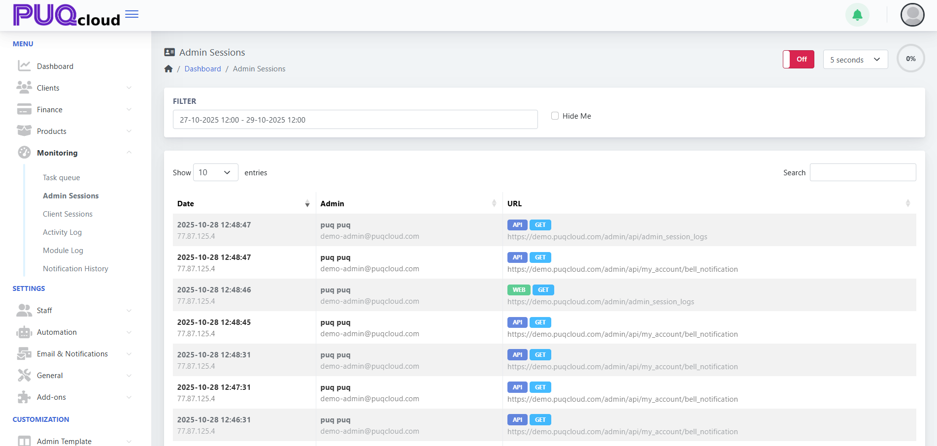 Admin Sessions Overview
