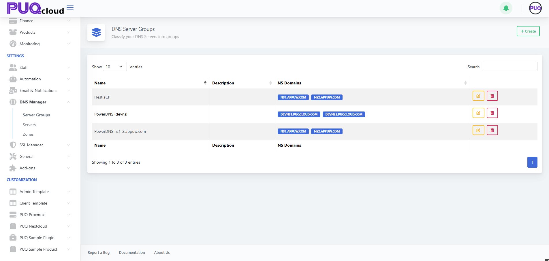 Server Groups list (columns: Name, Description, NS Domains, actions)