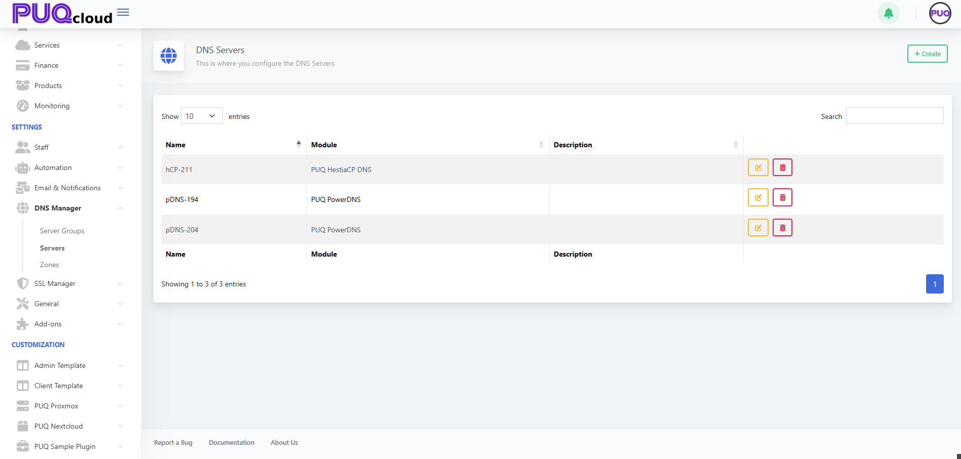 DNS Servers list (e.g., hCP-211 / pDNS-194 / pDNS-204, Module column visible)