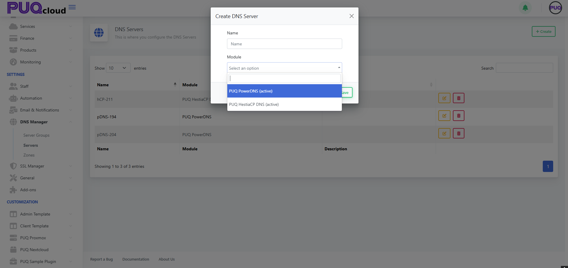 Create DNS Server (module selector with PUQ PowerDNS / PUQ HestiaCP DNS)