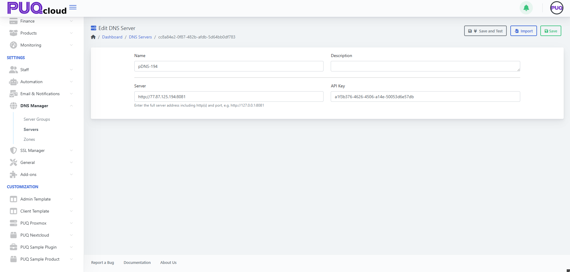 Edit DNS Server (PowerDNS): Name, Description, Server, API Key; buttons Save / Save and Test / Import