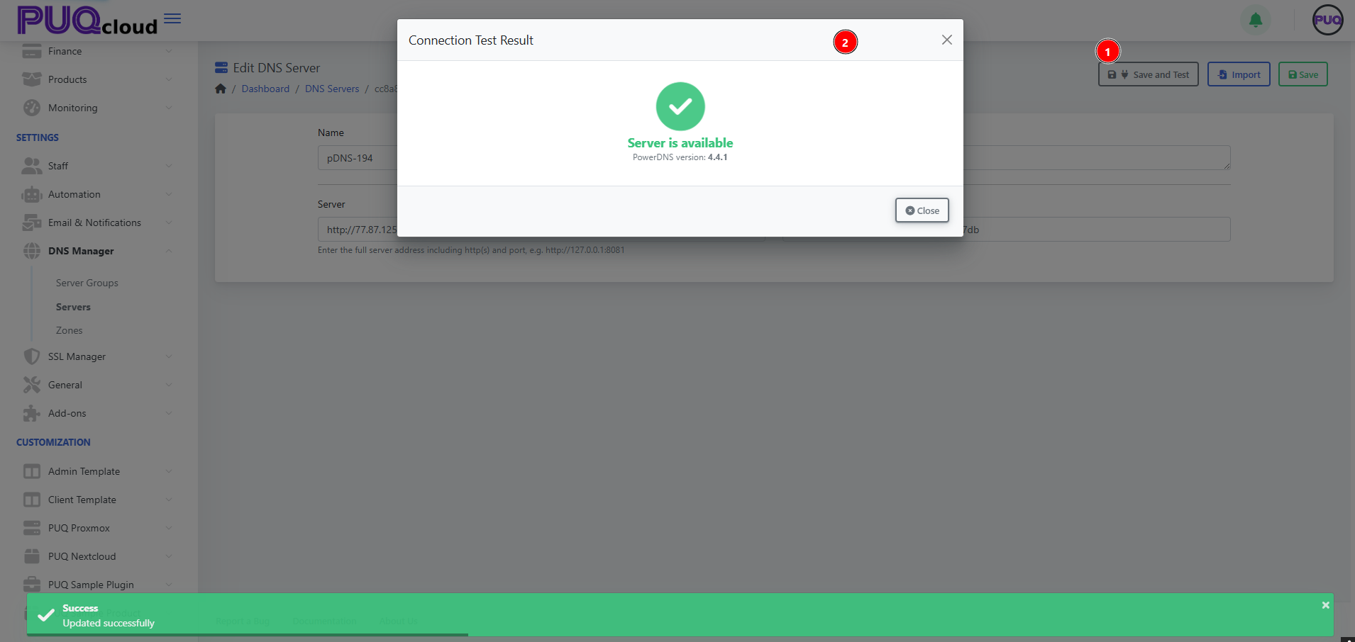 Connection Test Result — “Server is available”, PowerDNS version shown