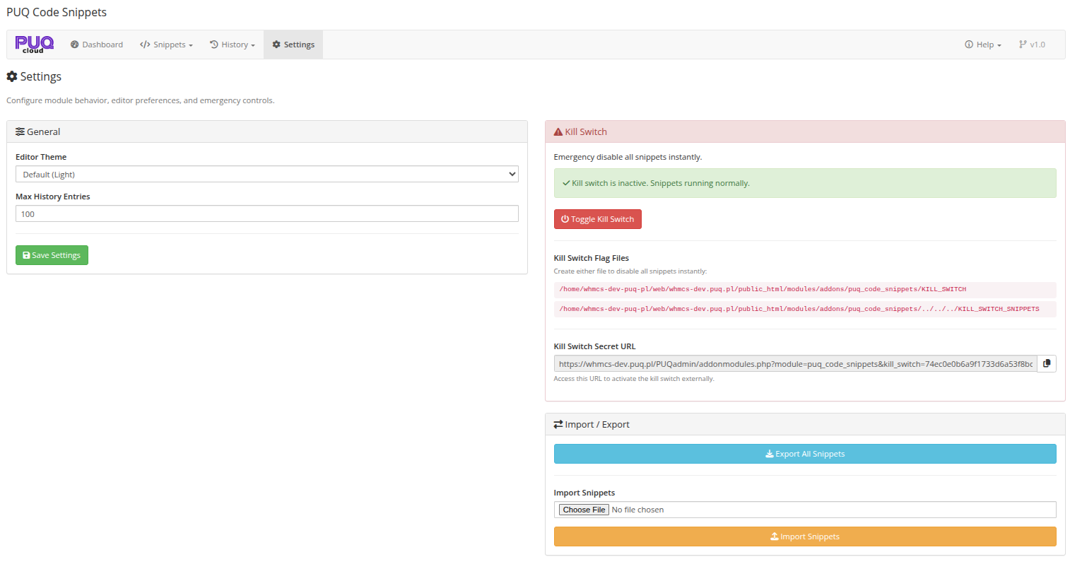 Settings — general options, kill switch, and import/export