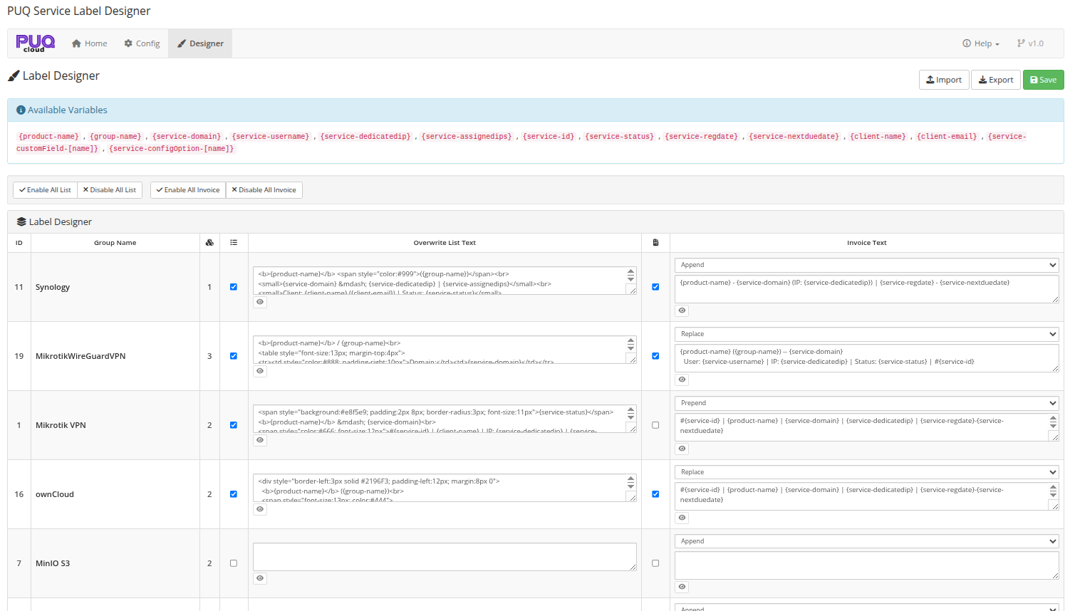 Label Designer — template editor with per-group configuration