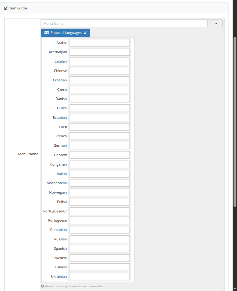 Multi-language labels panel with 27 language fields