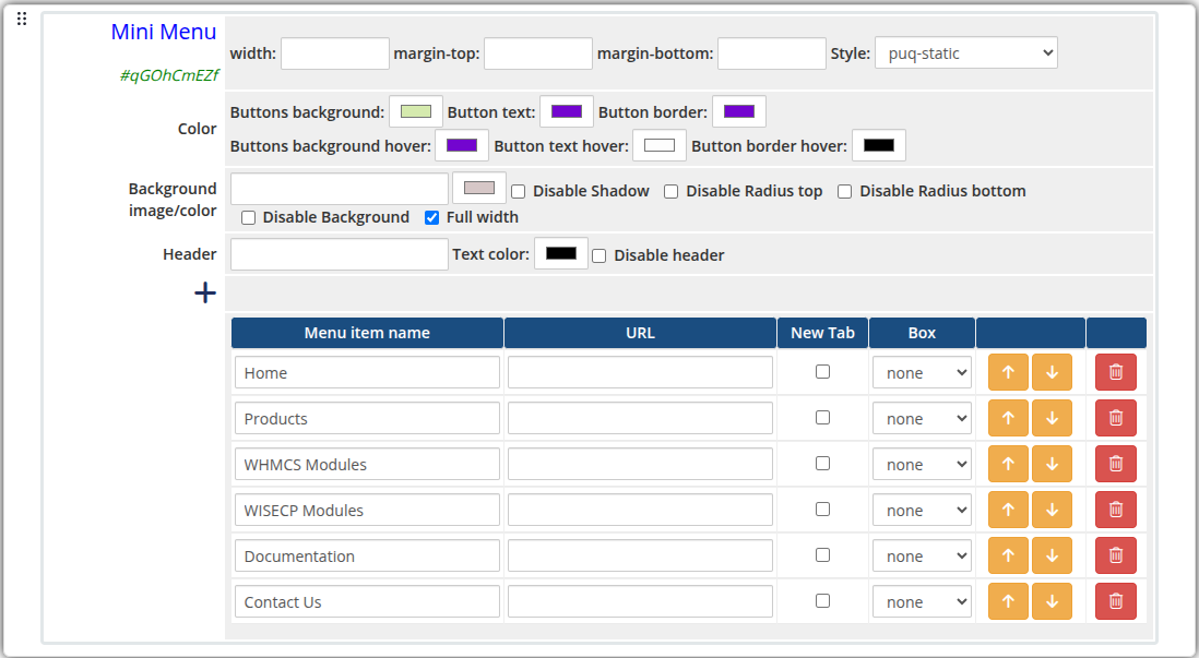Mini Menu widget in the page editor