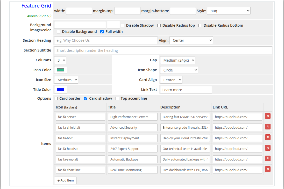 Feature Grid widget admin settings