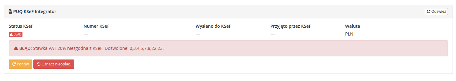 Panel KSeF — faktura ze statusem Blad