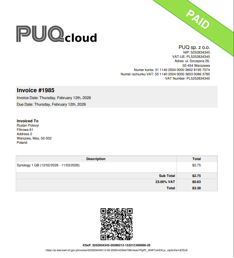 Przyklad faktury PDF z kodem QR KSeF, numerem KSeF i linkiem weryfikacyjnym