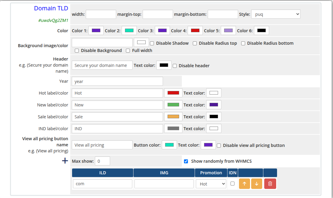 Domain TLD widget admin settings