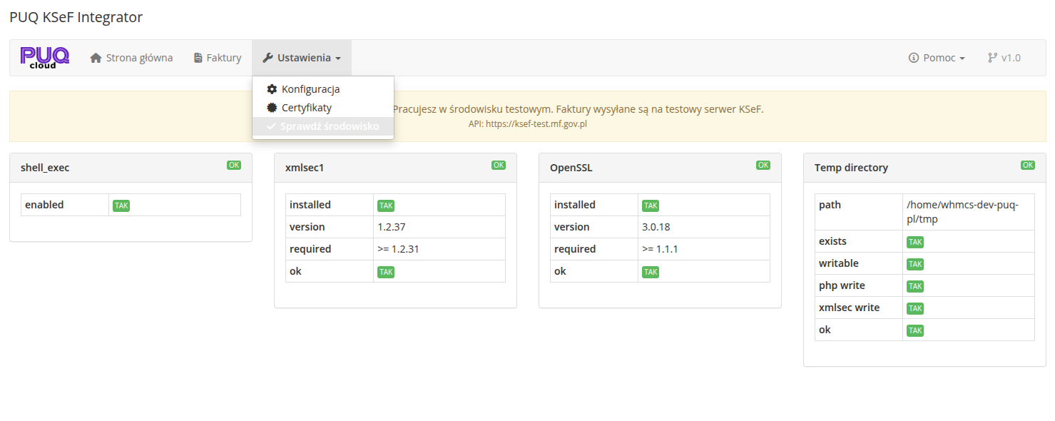 Wyniki sprawdzania srodowiska — wszystkie testy zaliczone