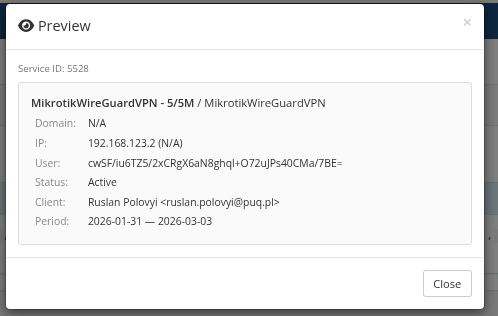 Preview modal — rendered template with real service data