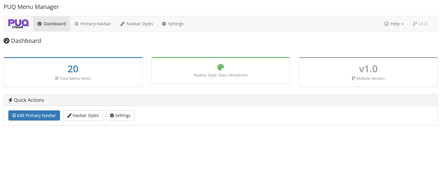Dashboard page with metrics and quick actions