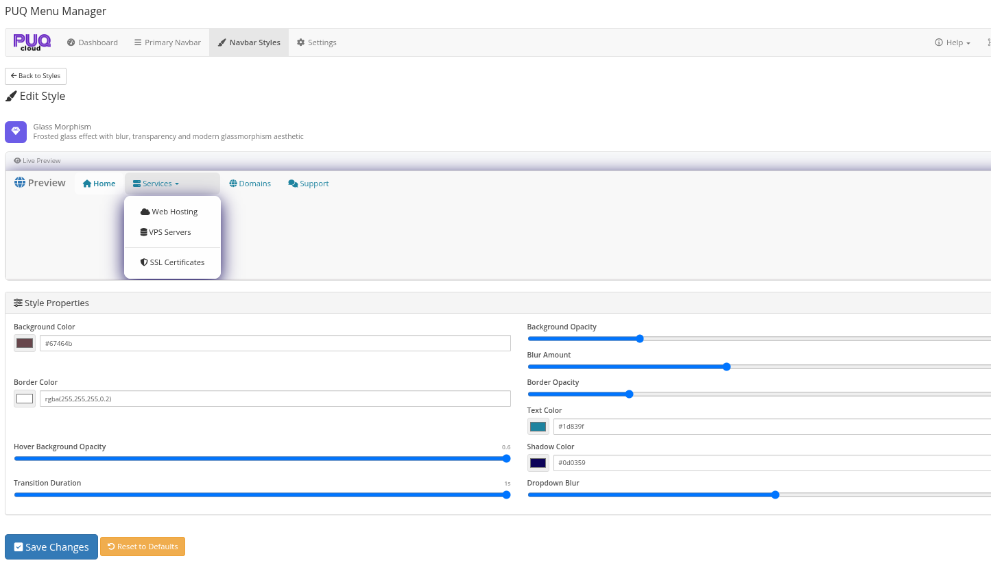 Style editor with live preview and property controls