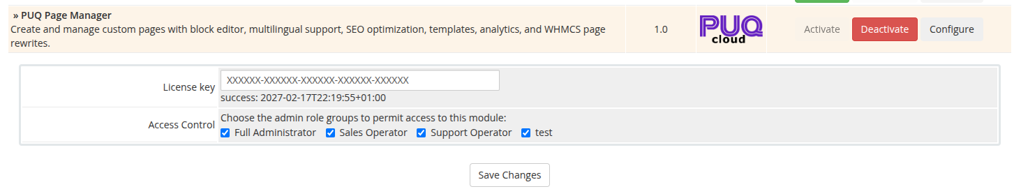 Module configuration with license key and access control