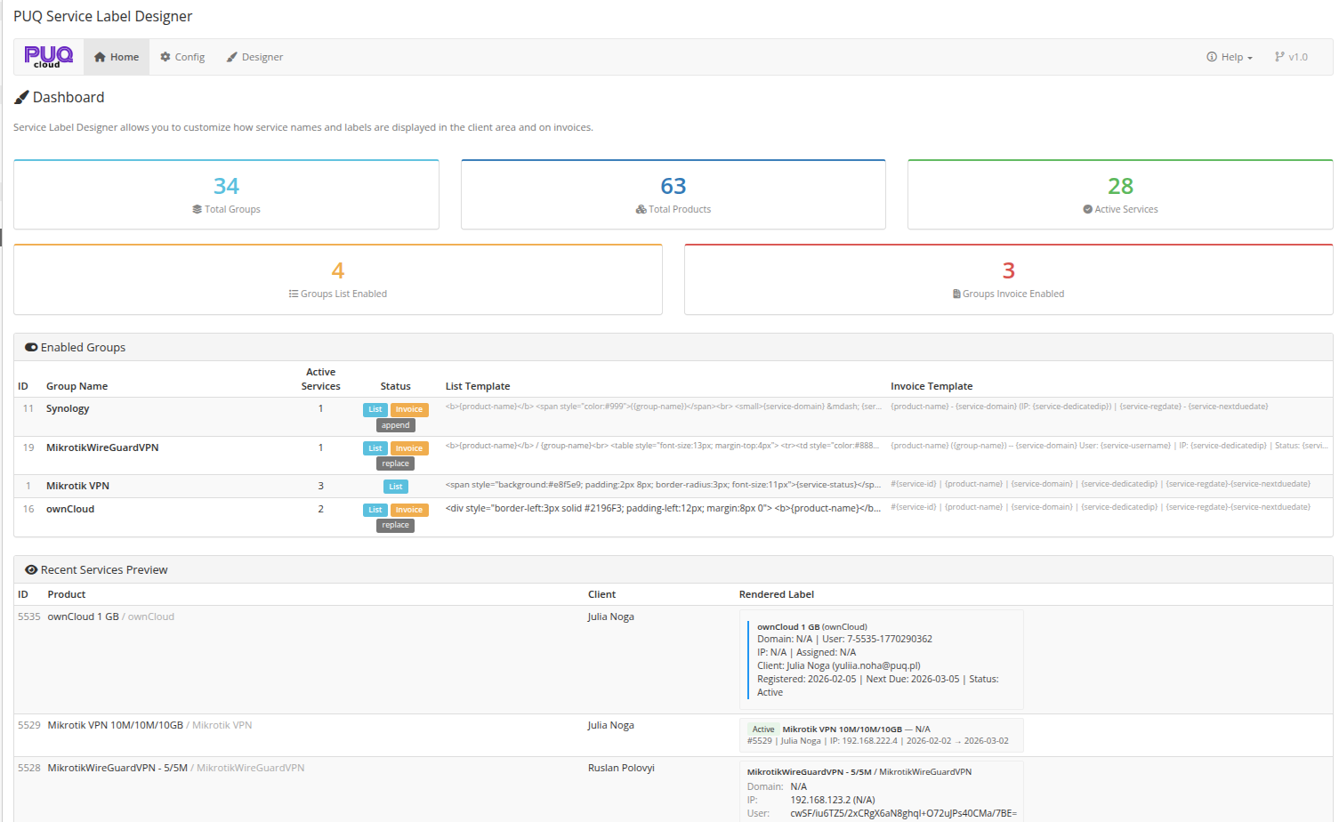 Dashboard — metrics, enabled groups, and recent services preview