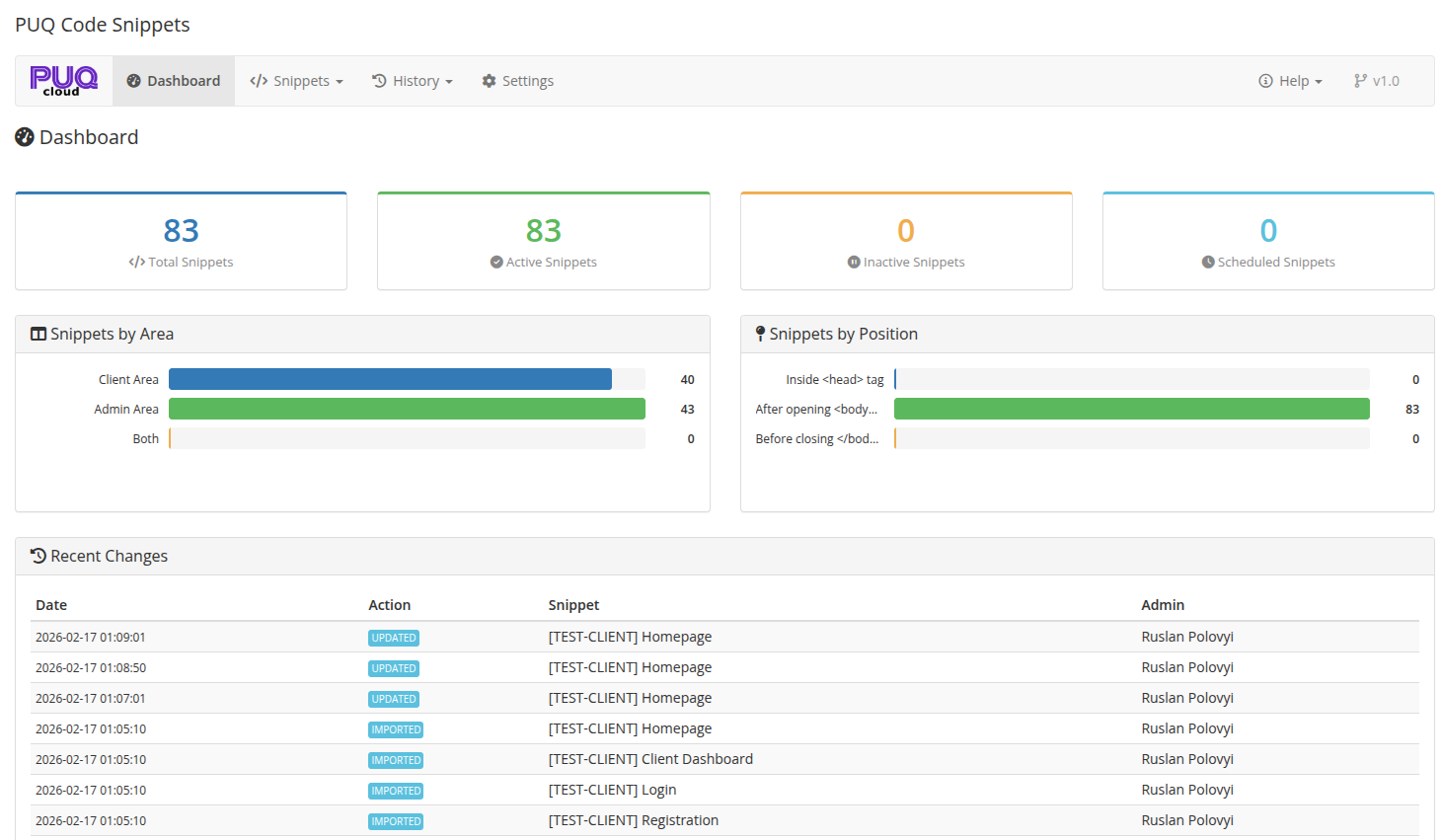 Dashboard — metrics, charts, and recent changes