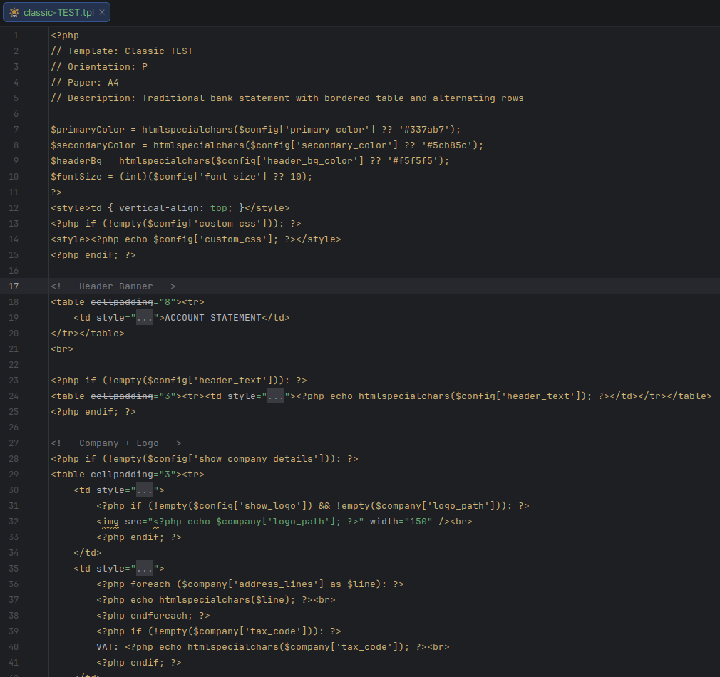 PDF template code structure