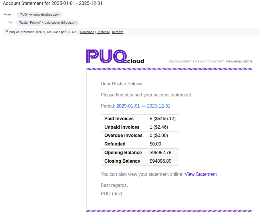 Email with account statement — PDF attachment and summary