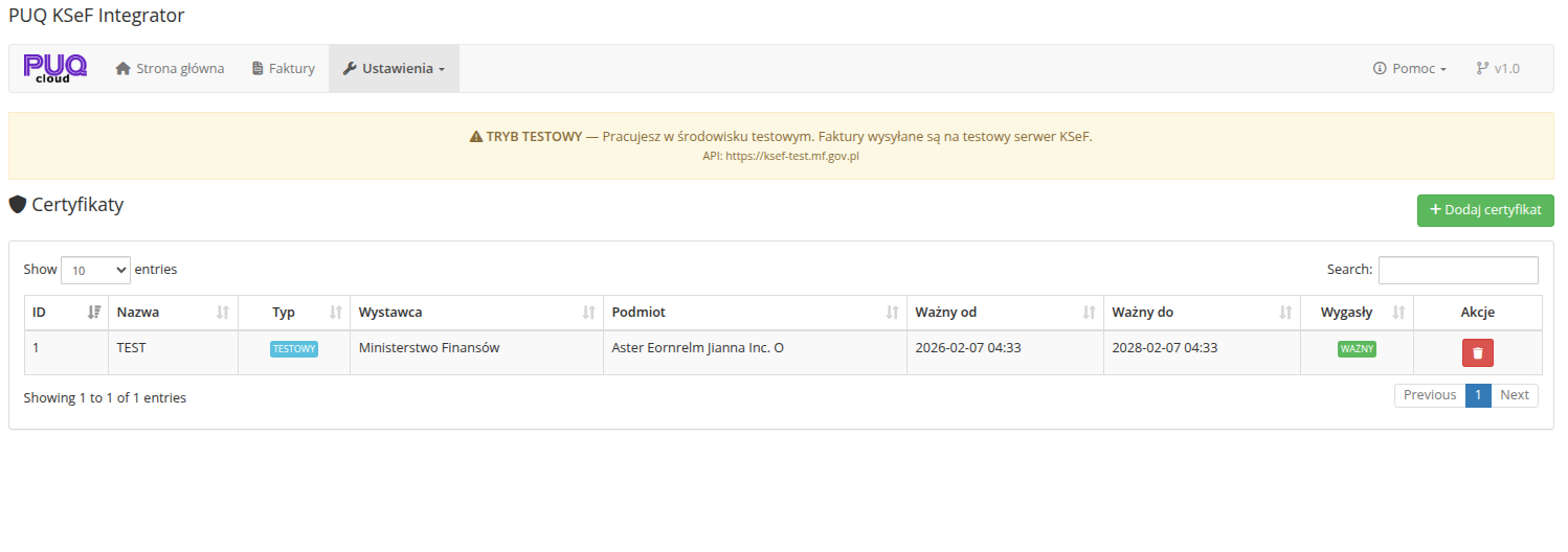 Lista certyfikatow z informacjami o waznosci