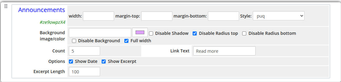 Announcements widget admin settings