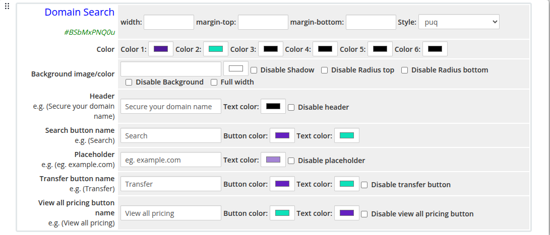 Domain Search widget admin settings