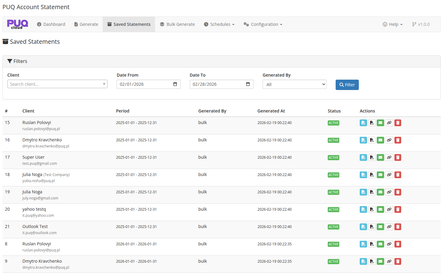 Saved Statements — list with filters and actions