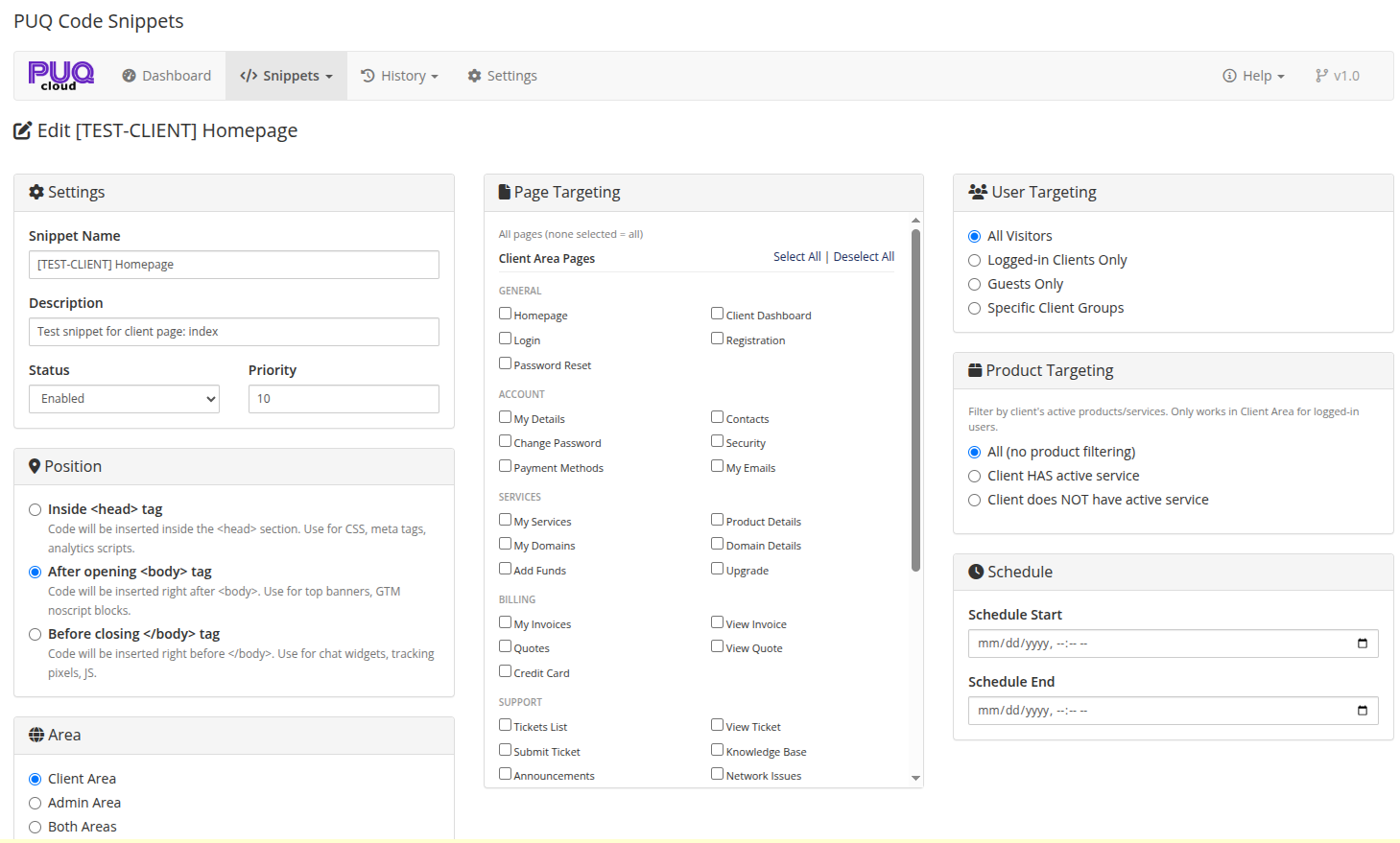 Snippet Editor — settings, targeting, and code editor (top)