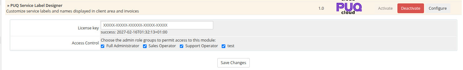 Module configuration with license key and access control
