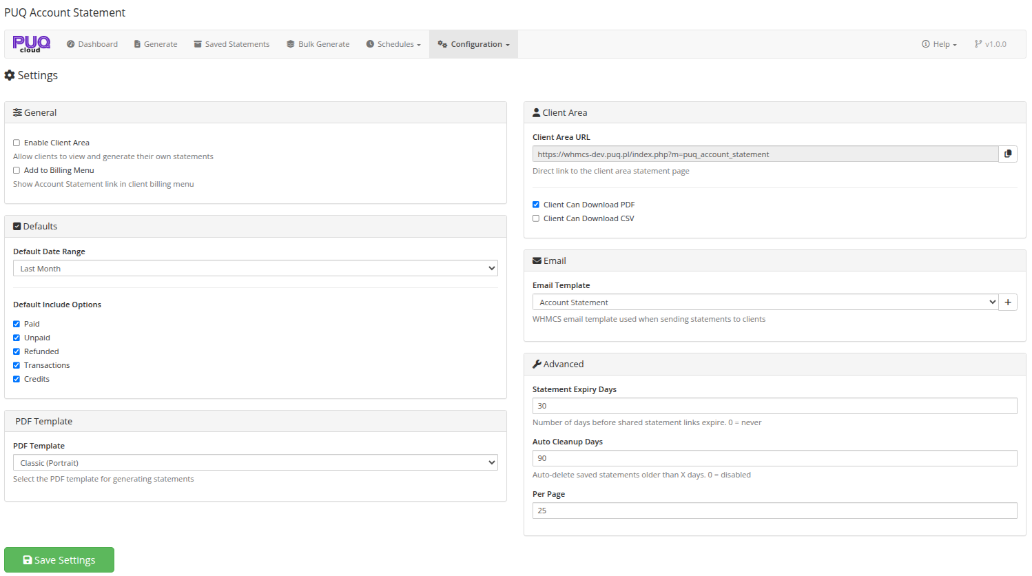 Settings — general, defaults, client area, email, and advanced options