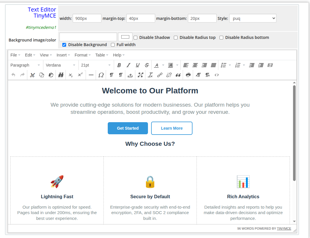 Text Editor TinyMCE widget admin settings