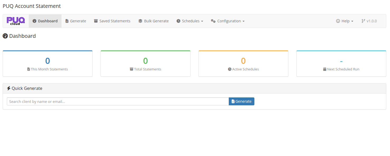 Dashboard — metrics, quick generate, recent statements, and upcoming schedules