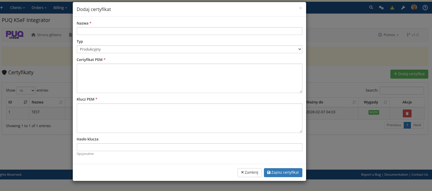 Formularz dodawania certyfikatu