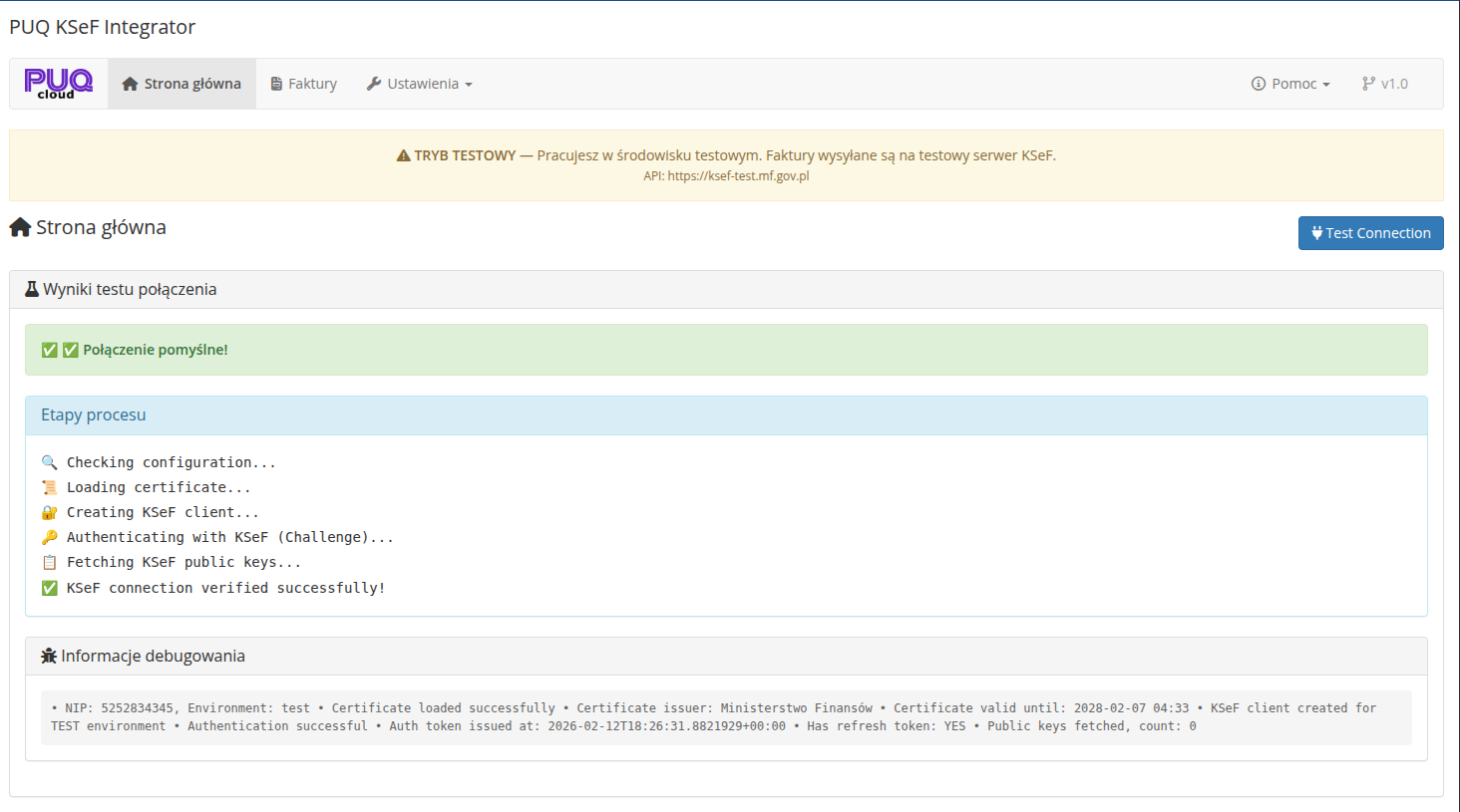 Wynik pomyslnego testu polaczenia