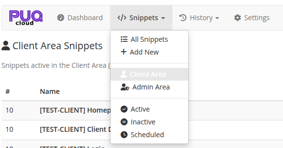Snippets dropdown menu