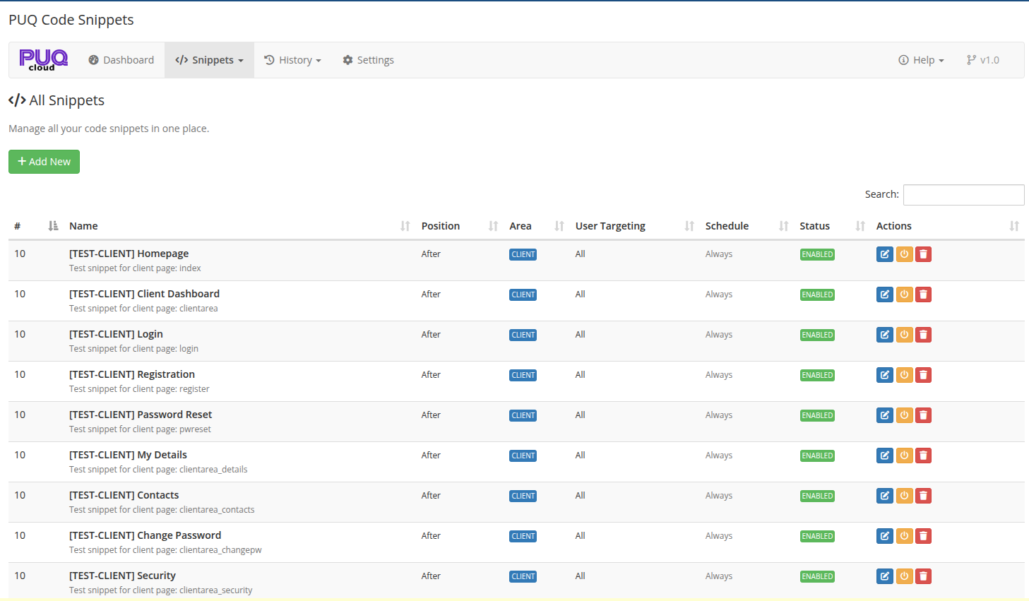 Snippets list — all snippets with filtering and actions
