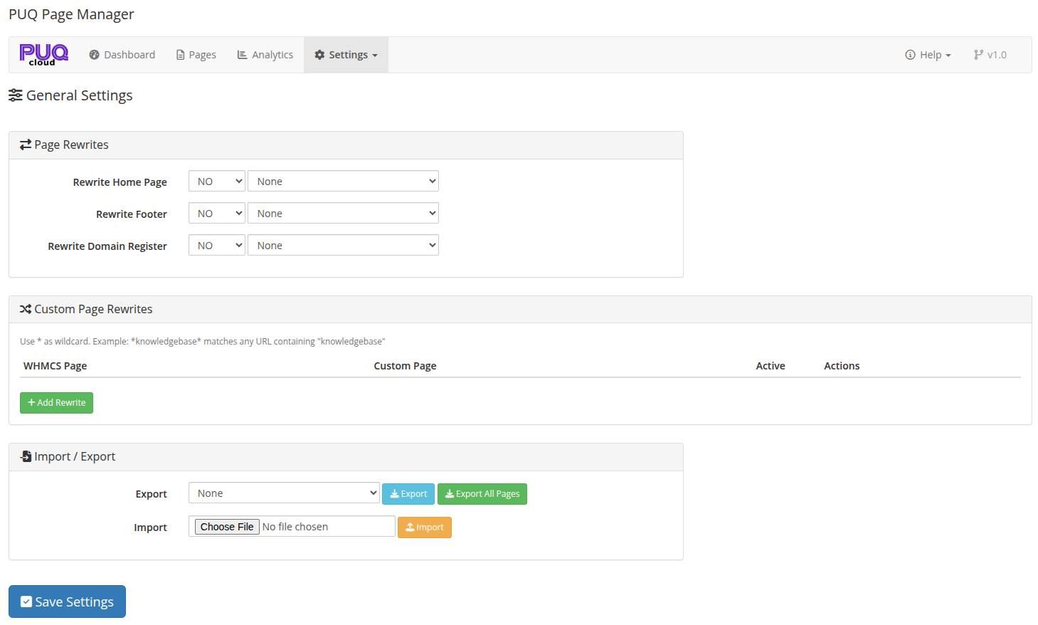 Settings page with rewrites and import/export