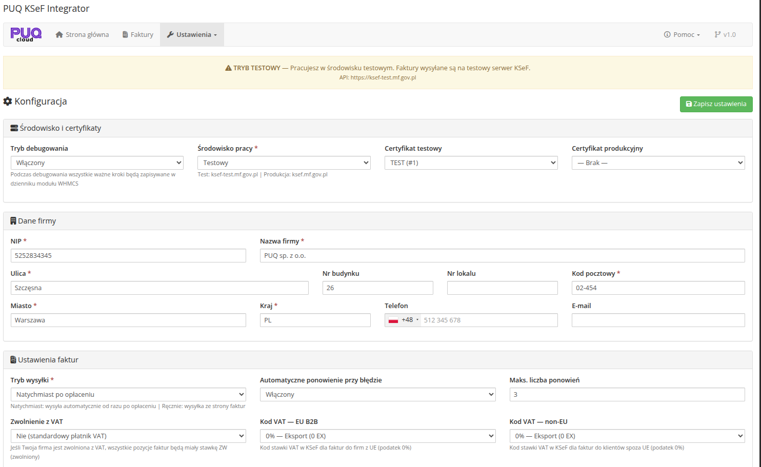 Strona konfiguracji modulu