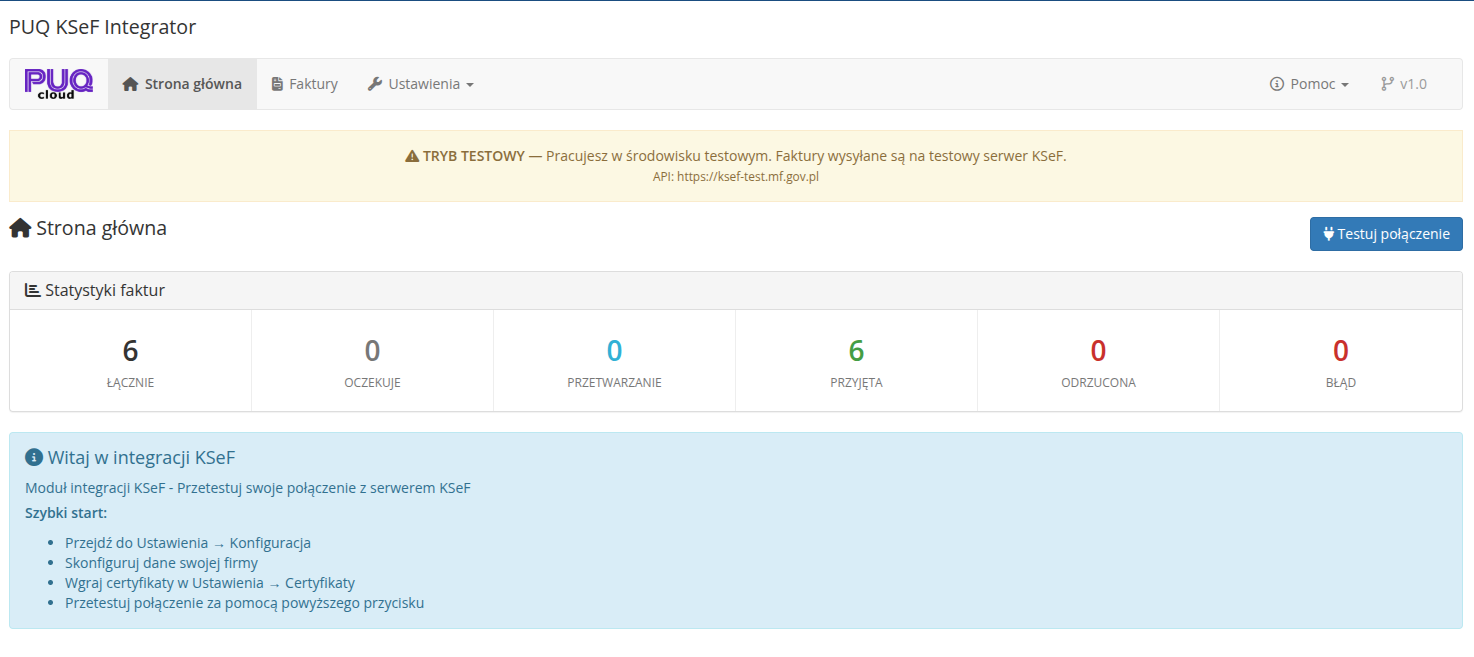 Strona glowna z statystykami faktur i przewodnikiem szybkiego startu