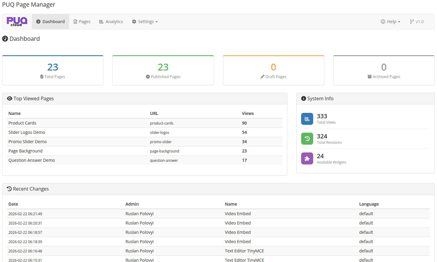 PUQ Page Manager Dashboard