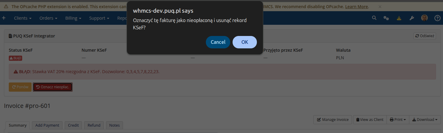 Potwierdzenie oznaczenia jako nieoplacona
