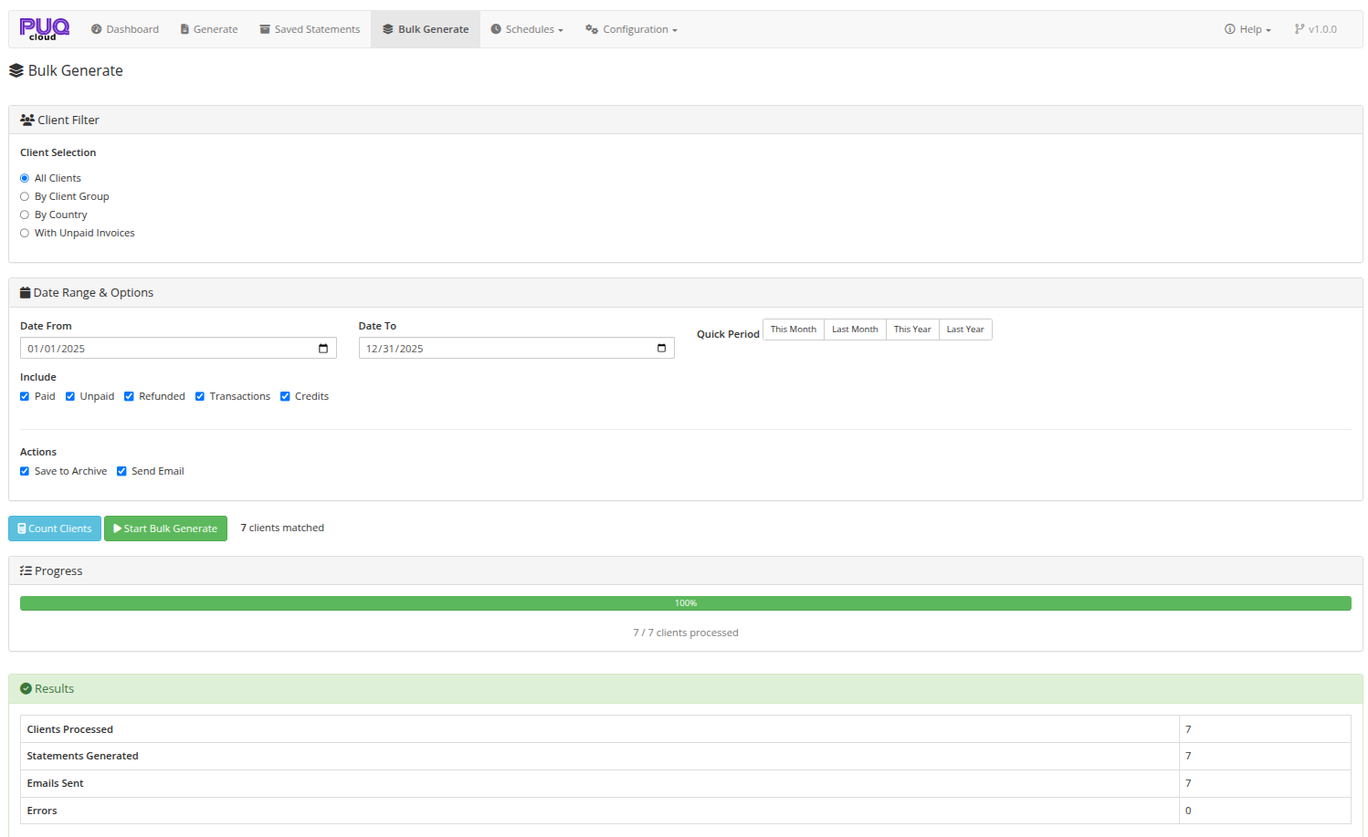 Bulk Generate — client filter, options, and progress