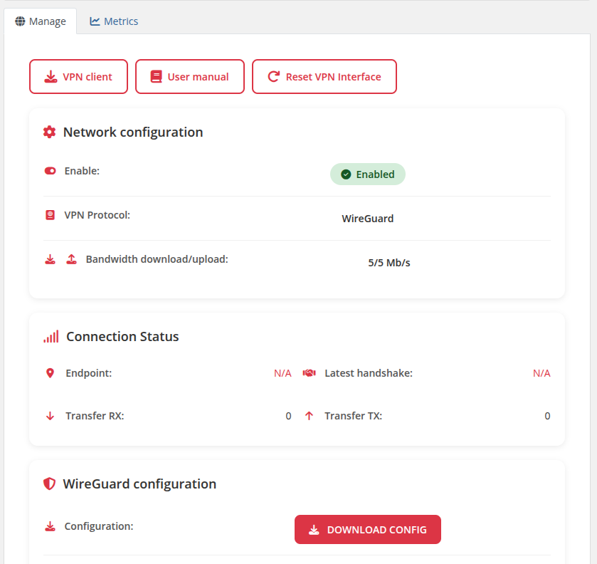 Client area - Network configuration and connection status
