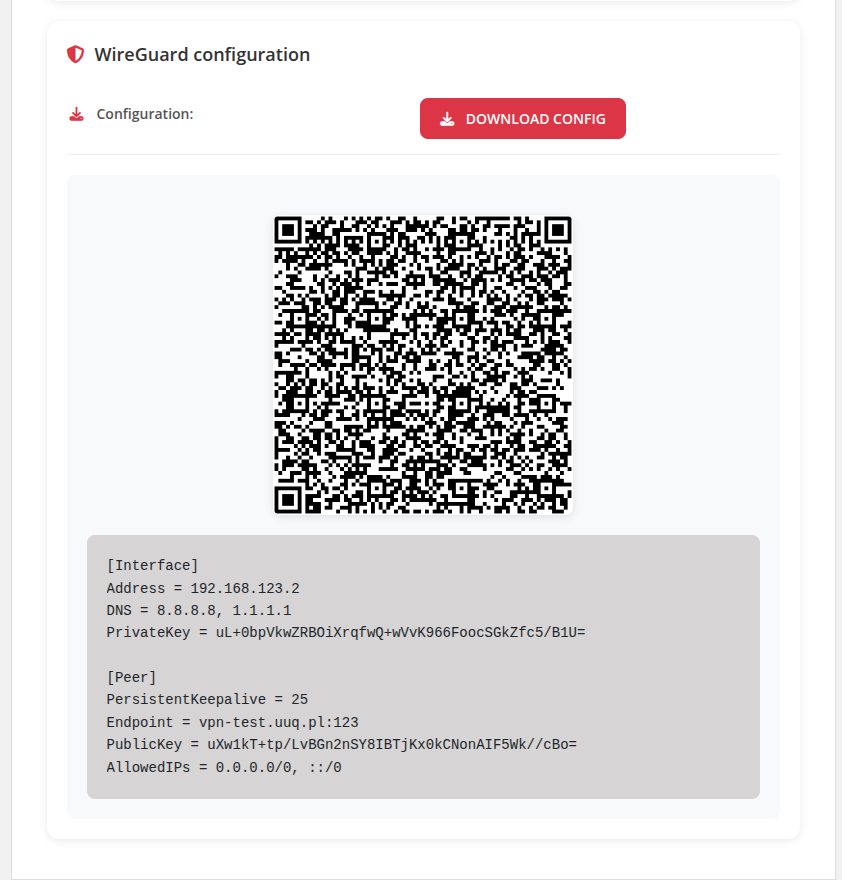 Client area - WireGuard configuration with QR code