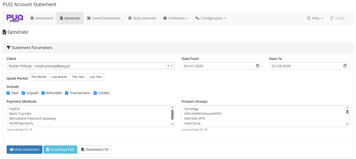 Generate Statement — parameters and preview