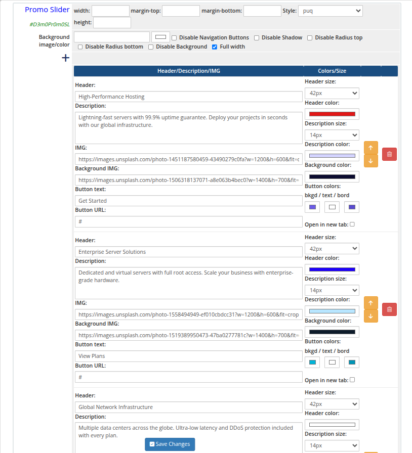 Promo Slider widget in the page editor