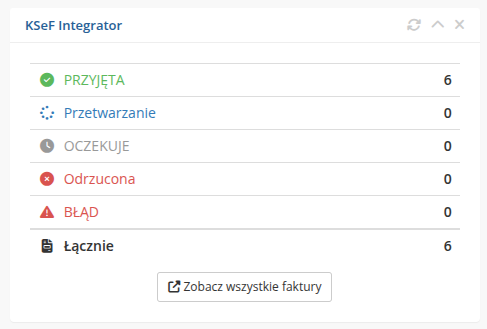 Widget KSeF Integrator na dashboardzie