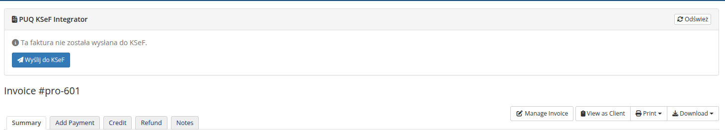 Panel KSeF — faktura nie wyslana, przycisk Wyslij do KSeF