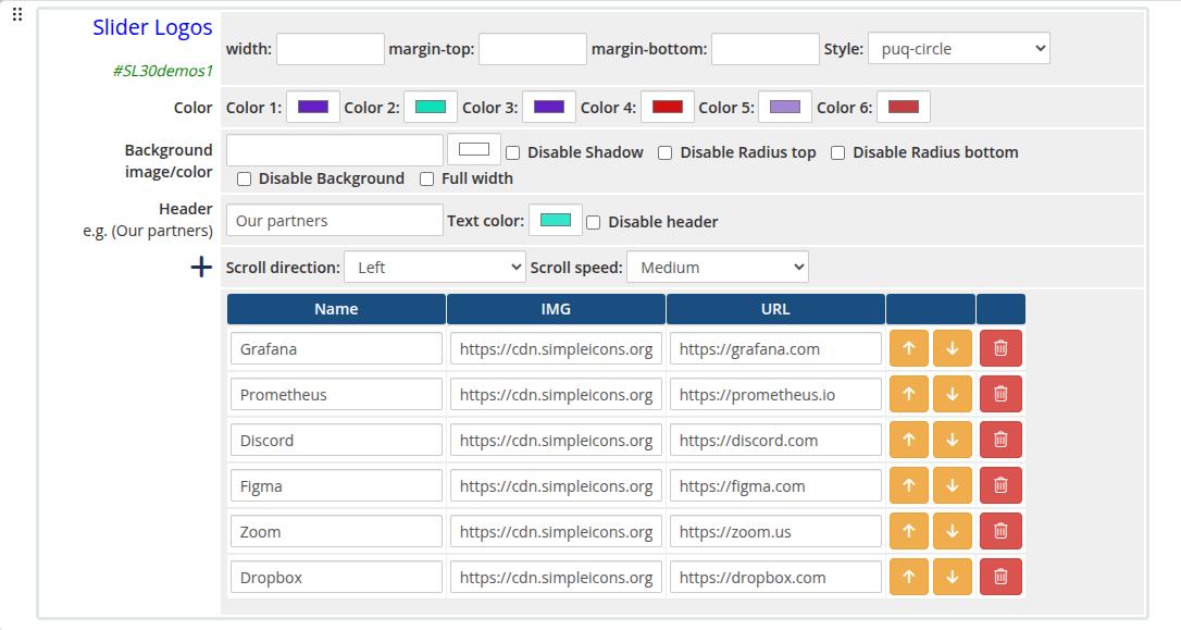 Slider Logos widget admin settings