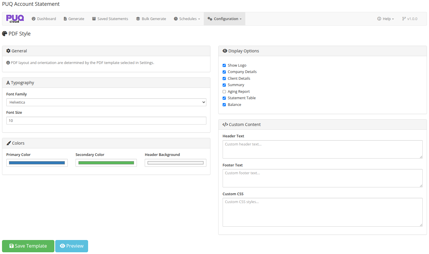 PDF Style — template editor with typography, colors, and display options